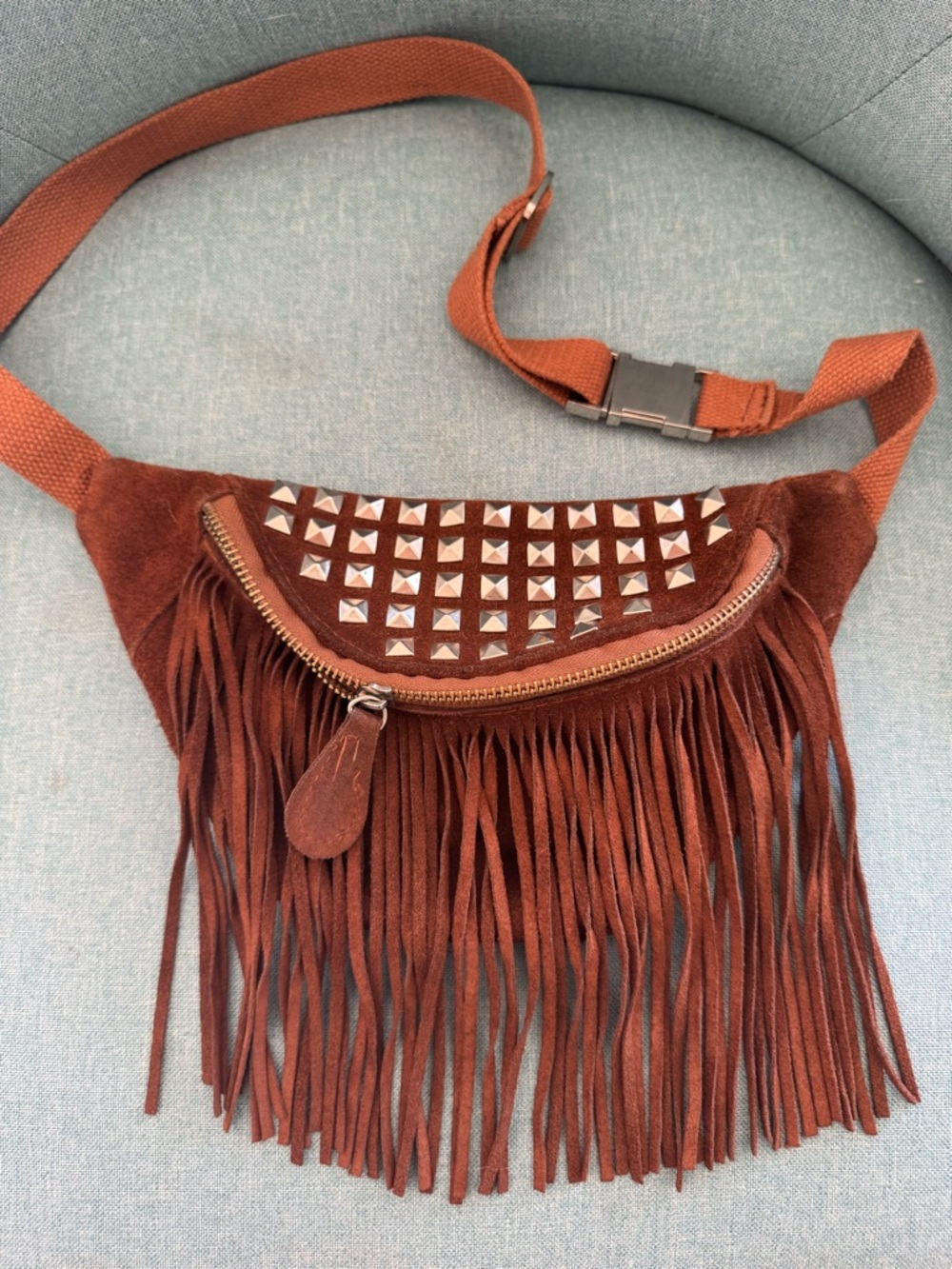 Fringe Studded Suede Waist Bag - Rust Brown